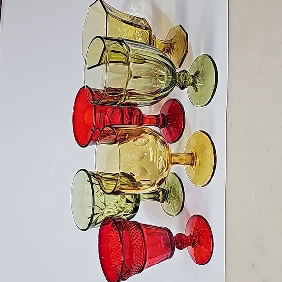S/6 Vintage Retro Merry Mixture Jewel Tone Red Green Gold Glass Water Goblets - Picture 2 of 16